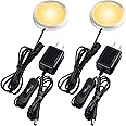Lvyinyin Single LED Puck Light for Under Obove Cabinet Counter Bar Shelf Back Lighting, 120V Electric Direct Wall Plug in, Handy On Off Switch, Black Cables, 2 Packs, Warm White