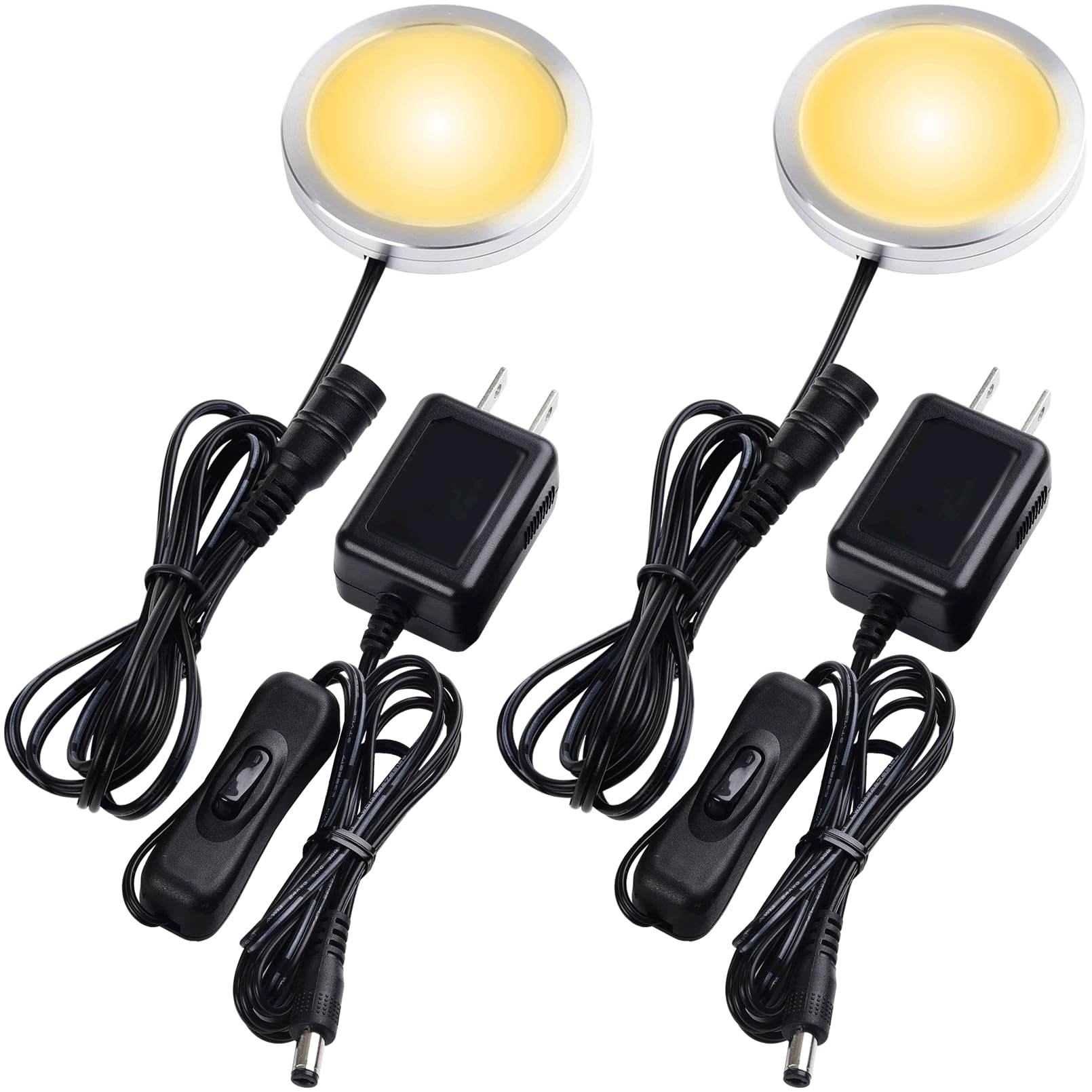 Photo 1 of Lvyinyin Single LED Puck Light for Under Obove Cabinet Counter Bar Shelf Back Lighting, 120V Electric Direct Wall Plug in, Handy On Off Switch, Black Cables, 2 Packs, Warm White