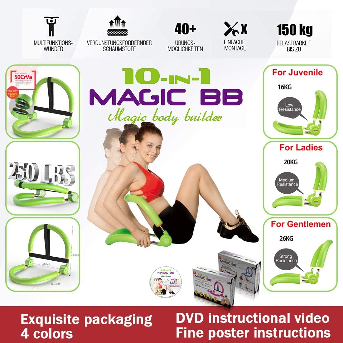 MBB Ab Equipment, Home Ab Machine Function Movement Multiple Core Strength, Abdominal Training 10 in 1 Magic Body Builder with 3 Levels Resistance for Teenage, Women and Men.122 Country Patented Green : Sports & Outdoors