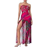 Women's Summer Tube Top Dress Strapless Backless Mesh Patchwork High Slit Maxi Party Dress