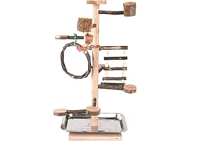 HOSUKKO Bird Playground Parrots Play Stand Wood Perches Stand, Bird Gym Playpen Platform Ladder with Feeder Cups Bird Cage Accessories Bird Toys for Cockatiels Budgies Lovebirds, brown