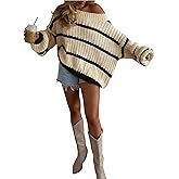 Verdusa Women‘s Off The Shoulder Sweater Striped Color Block Chunky Oversized Cozy Sweaters Winter Clothing