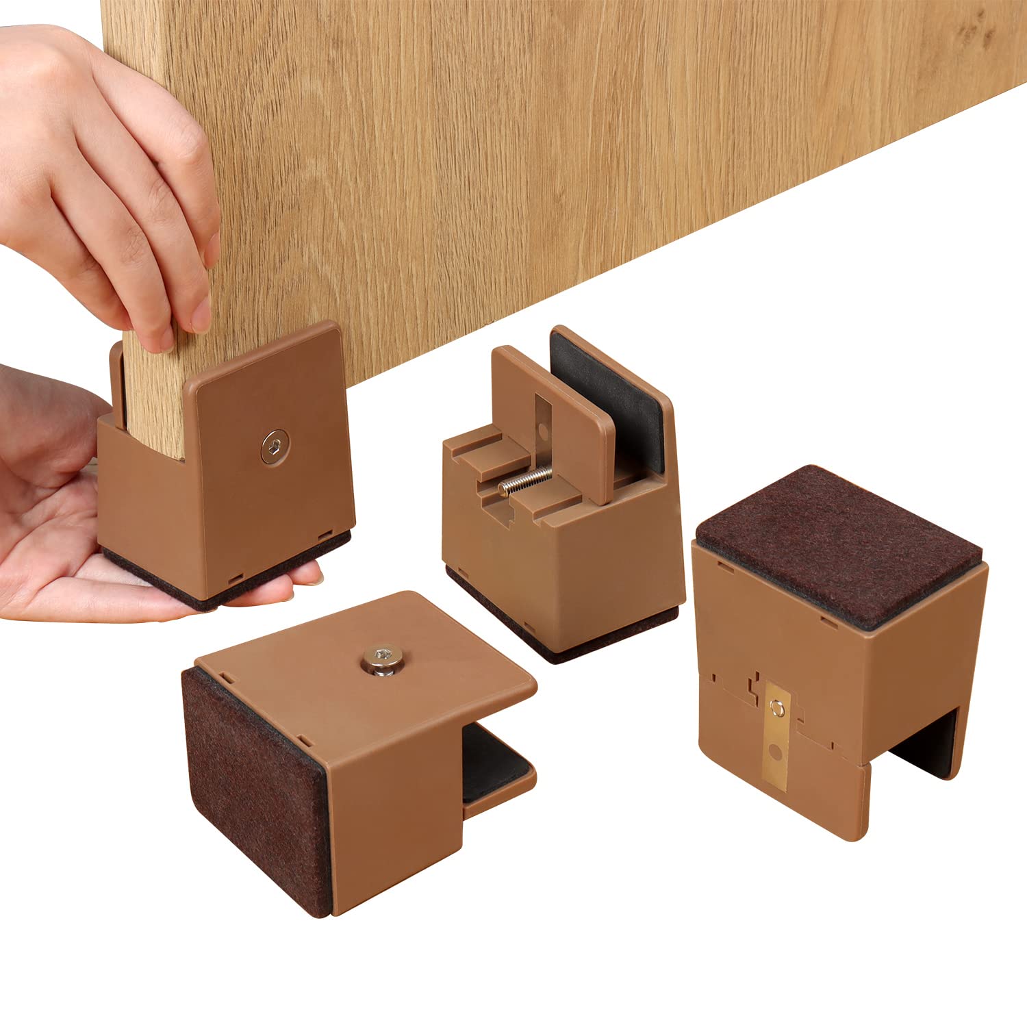 Ezprotekt Adjustable 2 Inch Chair Risers with Screw Clamp, Heavy Duty Couch Bed Furniture Risers, fit Square/Round Chair Leg Diameter from 0''–1.5'', Supports 20,000 lbs (Brown, 4 Pack)