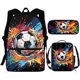 Fishoutleap Colorful Soccer Backpack for Boys 8-12 Cool Teen School Backpack Set with Lunch Box and Pencil Bag 15.6 inch Kids Bookbag Set Back to School Supplies