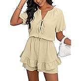 Angashion Womens Summer Shorts Romper: Self Tie V Neck Layer Ruffle Hem Romper Dress with Pockets
