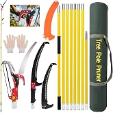 7.3-27FT Extendable Pole Saw with Scissors, Lightweight 8 Section Fiberglass Pole, Sharp High Carbon Steel Double-Hook Saw, Manual Tree Trimmer for High Branch Trimming,Lawn and Garden