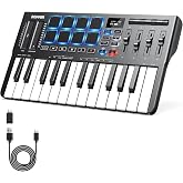 Donner DMK25 Pro MIDI Keyboard Controller, 25 Mini Key Portable USB-C MIDI Keyboard with 8 Drum Pads, OLED Display, Personalized Touch Bar, Music Production Software and 40 Teaching Courses White