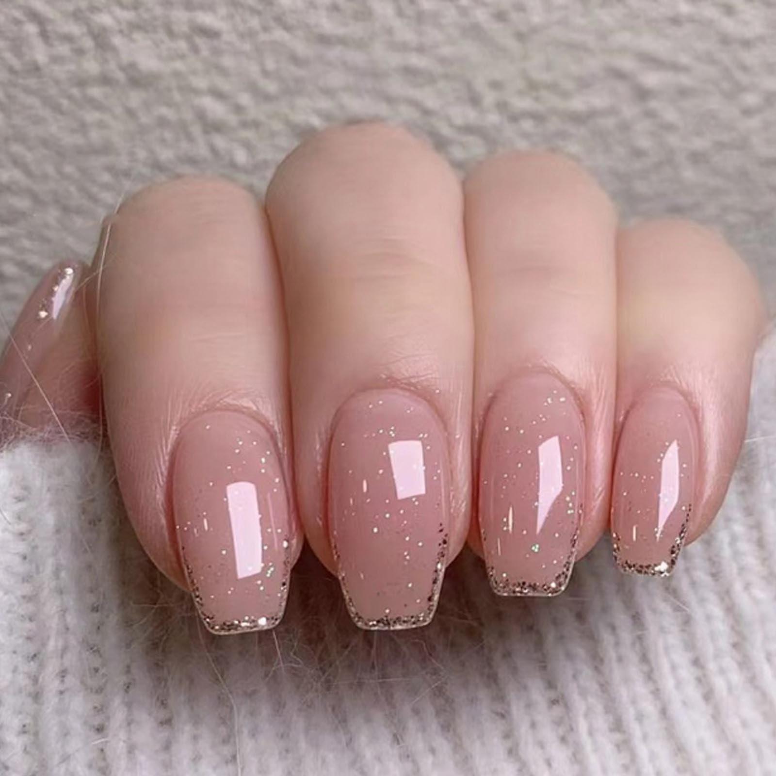 Photo 1 of Hkanlre Medium Coffin Press on Nails Bling Fake Pink Nails Tips Full Cover False Gold French Nails for Women and Girls 24PCS
