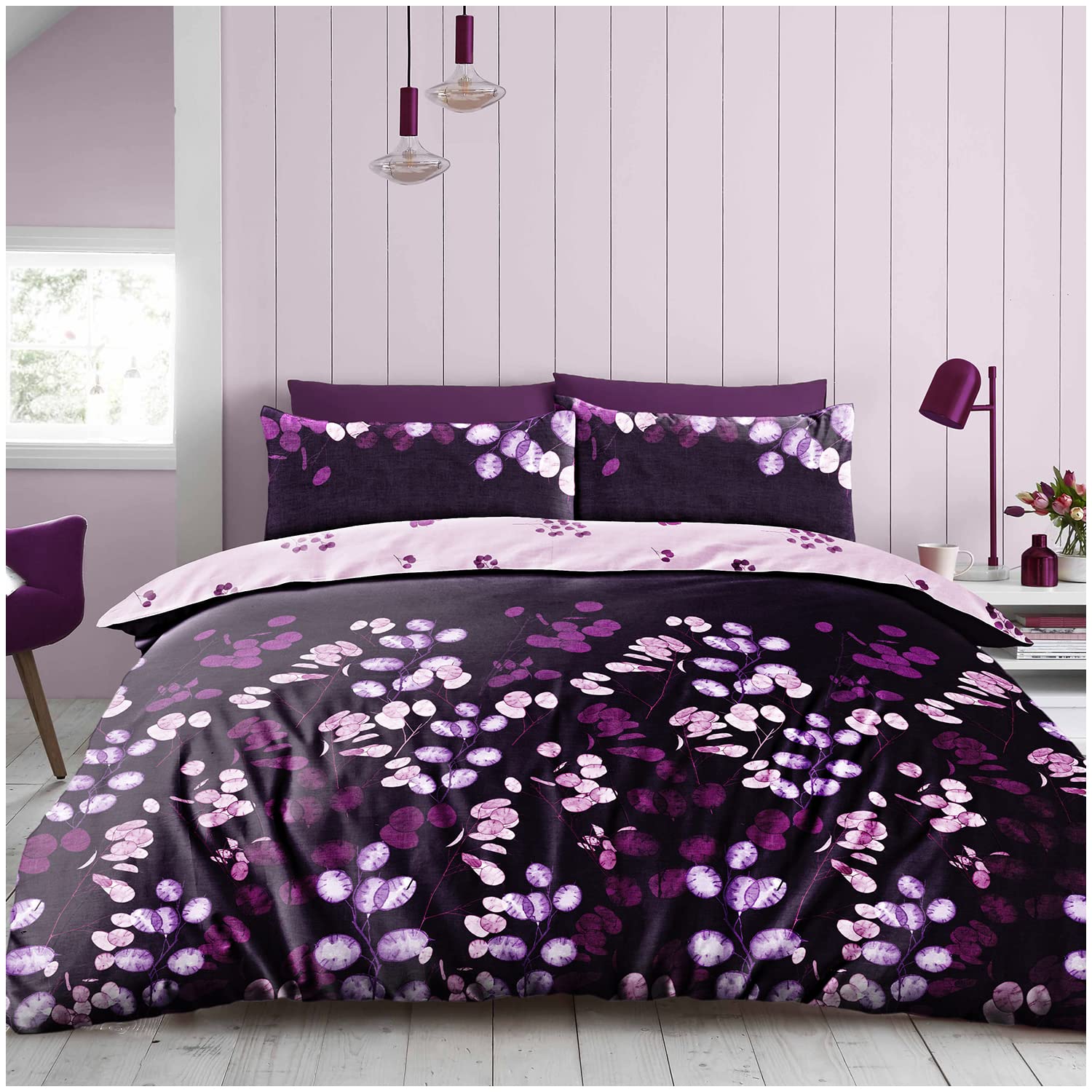 Super Dreamer Polycotton Fabric Complete Bed Set King Size, Leaf Duvet Cover With Fitted Sheet & Pillowcases, Purple, 11693703