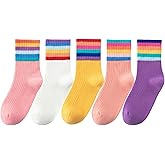 hakugoo Kids Crew Socks Seamless Boys Girls Rainbow Stripes Socks Cotton Athletic Sock Unisex Cute Fun Boot Sock 5 Pairs