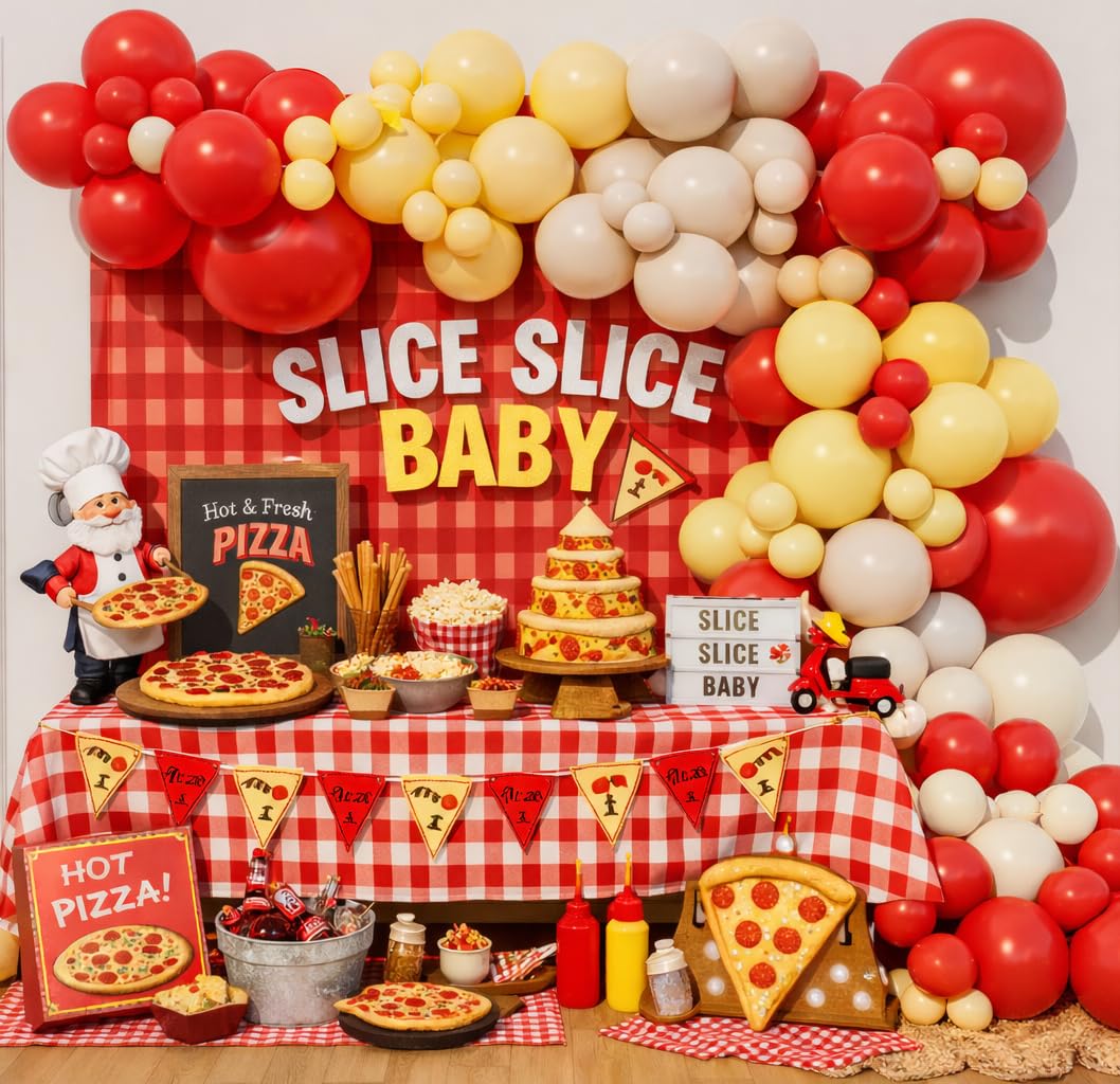 Beaumode Pizza Party Balloon Arch Garland Kit for Pizza theme Birthday Slice Baby Shower Special Delivery Bridal Shower Girls Night Bachelorette Party Decoration (Cheese Yellow Red)