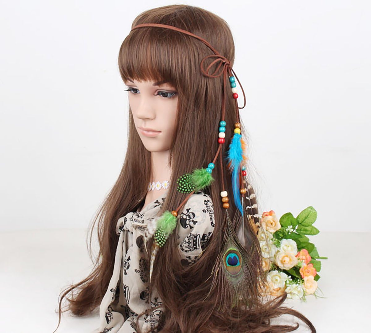 Fodattm Girls Native American Peacock Feather Headband Hair Rope Hoop Bohemian Hairband Headwear Handmade Indian Fascinator Hair Bands Headdress Hair Accessories Belt - Image 3