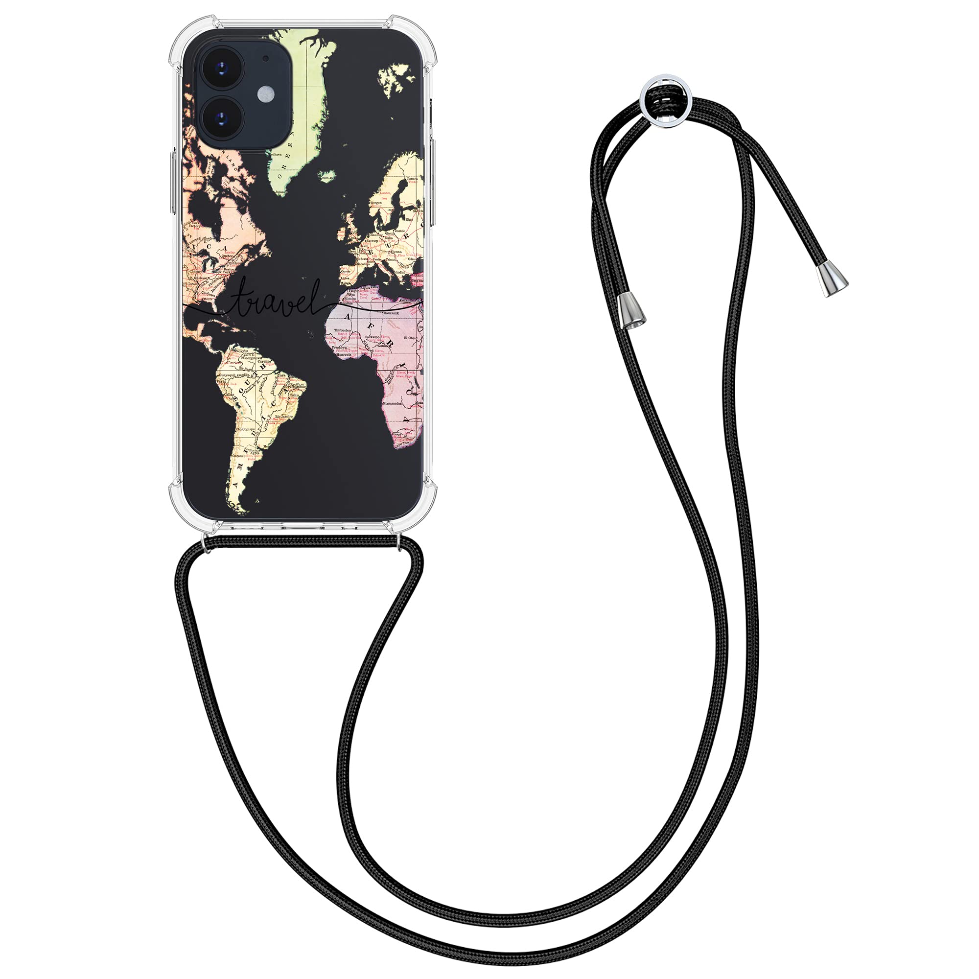 kwmobile Crossbody Case Compatible with Apple iPhone 12 / iPhone 12 Pro Case Strap - Travel Black/Multicolor/Transparent