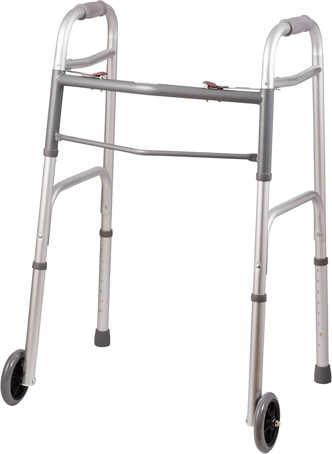 DMI Lightweight Aluminum Folding Walker with Easy Two Button Release, 5 Inch Wheels, Adjustable Height, No Assembly Needed, Silver: Health & Personal Care