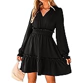BerryGo Womens Long Sleeve Mini Dress Casual Ruffle Fashion V Neck High Waist A Line Flowy Boho Short Fall Dresses