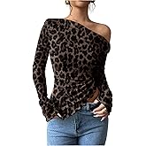 RoseSeek Women's Off Shoulder Tie Dye Mesh T Shirt Long Sleeve Asymmetrical Hem Ruched Fitted Tee Tops