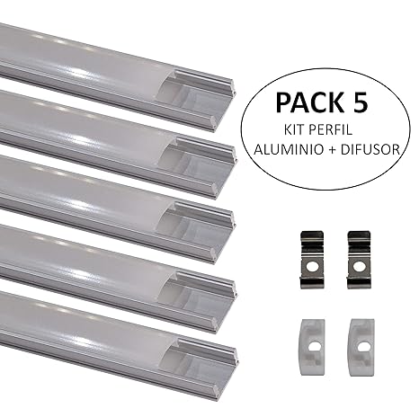 (LA) Packung 5x 1m Aluminiumprofil. LED-Aluminiumprofil für STRIP-LED-Streifen, mit milchig-weißer Abdeckung. Endstopfen und 