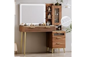 Chrangmay 47.24" Big Modern Vanity Desk with Mirror and Lights,Makeup Vanity Desk with 5 Drawers and Storage Shelves & Power Outlet,Dressing Table with Glass Top, Brown