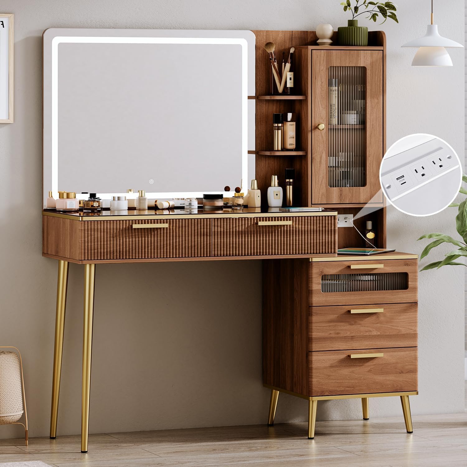 Photo 1 of Chrangmay 47.24" Big Modern Vanity Desk with Mirror and Lights,Makeup Vanity Desk with 5 Drawers and Storage Shelves & Power Outlet,Dressing Table with Glass Top, Brown