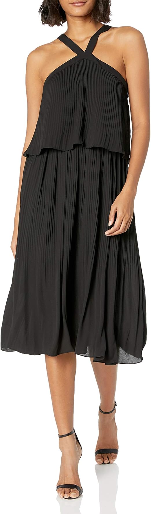 Bebe Women S Sleeveless Halter Neck Dress With Pleated Popover At Amazon Women S Clothing Store