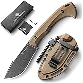 DRACHENADER Survival Knife with Fire Starter L-Y, 7.68" Full Tang Small Fixed Blade Knife with Belt Clip, Khaki + Stonewashed Black