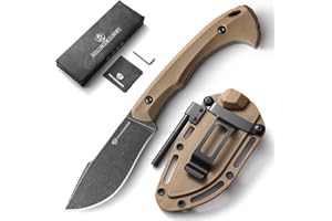 DRACHENADER Survival Knife with Fire Starter L-Y, 7.68" Full Tang Small Fixed Blade Knife with Belt Clip, Khaki + Stonewashed Black