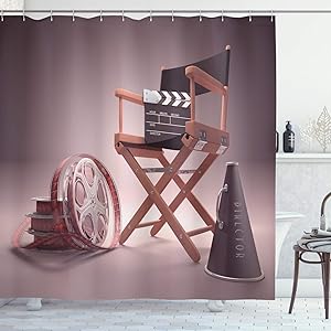 Ambesonne Movies Shower Curtain, Directors Chair Seat Movie Lover Film Set Studios Strip Ribbon Storyboard, Cloth Fabric Bathroom Decor Set with Hooks, 70