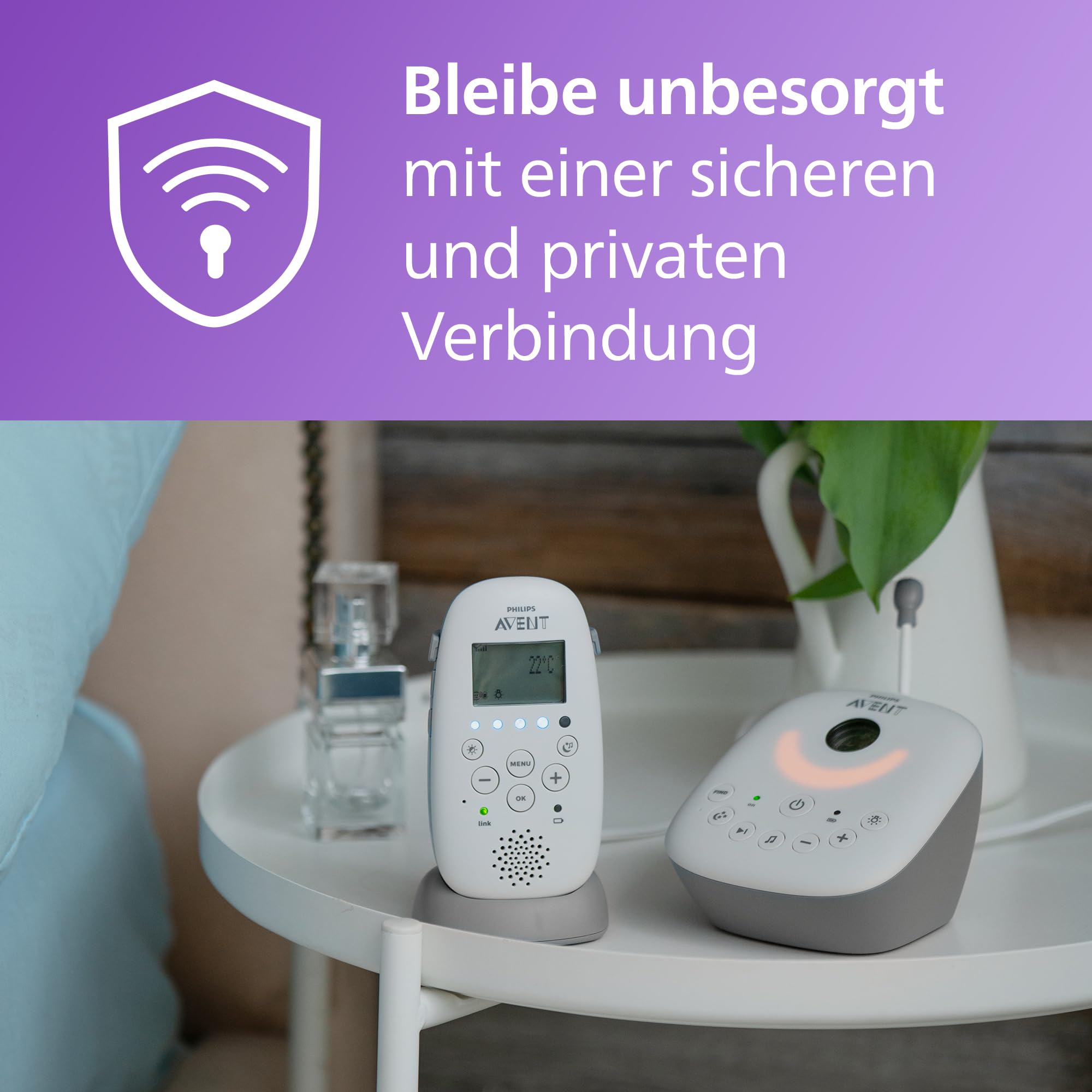 Philips AVENT Audio Babyphone, DECT-Technologie, Eco-Mode, Sternenhimmel, Gegensprechfunktion, Schlaf- und Nachtlieder, 18 Std. Laufzeit, maximale Reichweite, weiß (Modell SCD733/26) 2