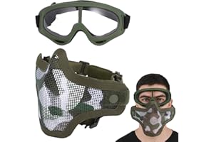 Fansport Airsoft Mask and Goggles Set, Tactical Half Face Mesh Mask with Adjustable Straps and Protective Airsoft Goggles for Outdoor Games, Paintball, Cosplay, and Face Protection Gear