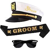 Bachelor Party Captain's Hat, Glasses, Sash Set - Groom To Be Accessories Set Includes Captain's Hat Groom Sunglasses Groom Sash Funny Bridal Shower Groomsman Wedding Gifts Favors Decor Decorations