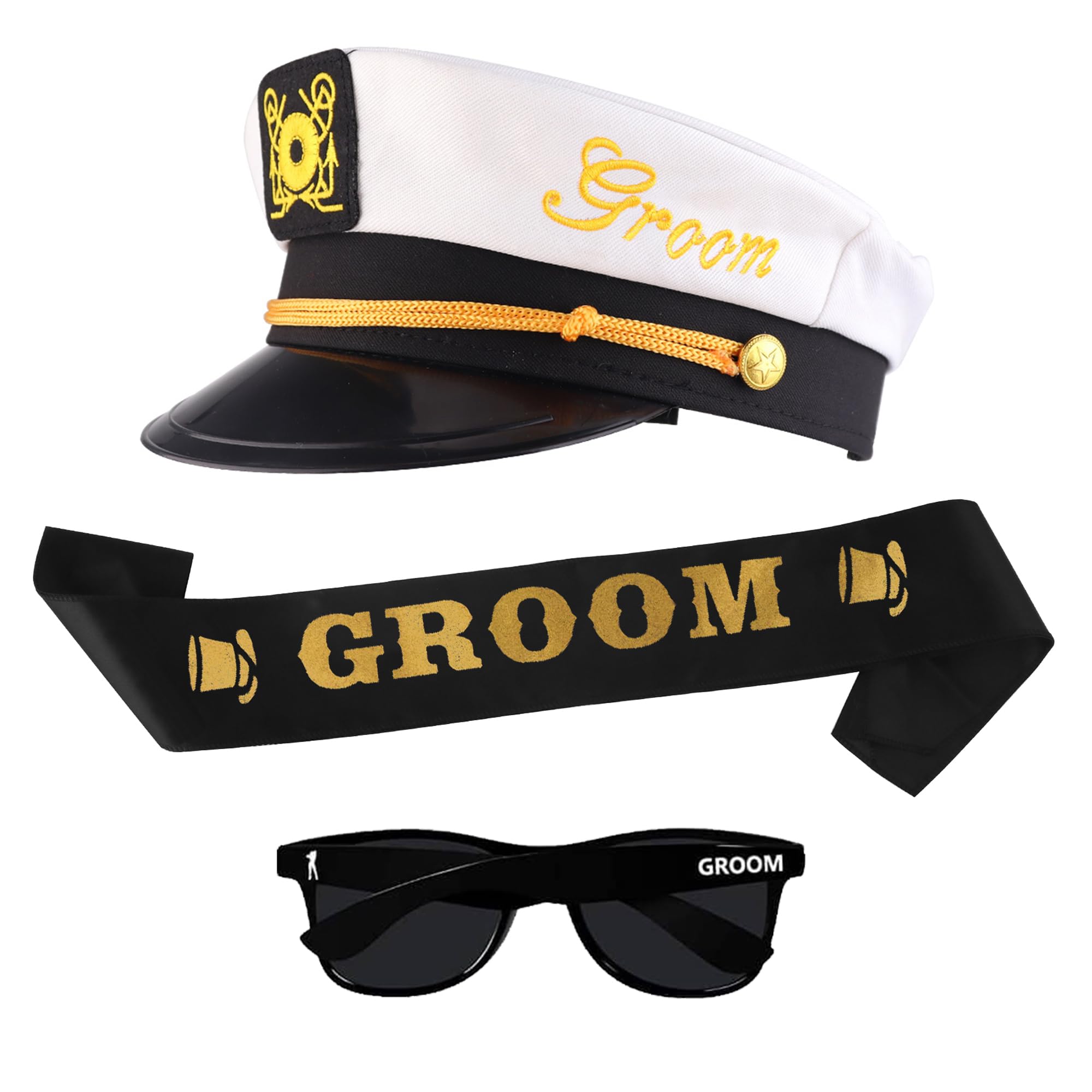 Photo 1 of Bachelor Party Captain's Hat, Glasses, Sash Set - Groom To Be Accessories Set Includes Captain's Hat Groom Sunglasses Groom Sash Funny Bridal Shower Groomsman Wedding Gifts Favors Decor Decorations