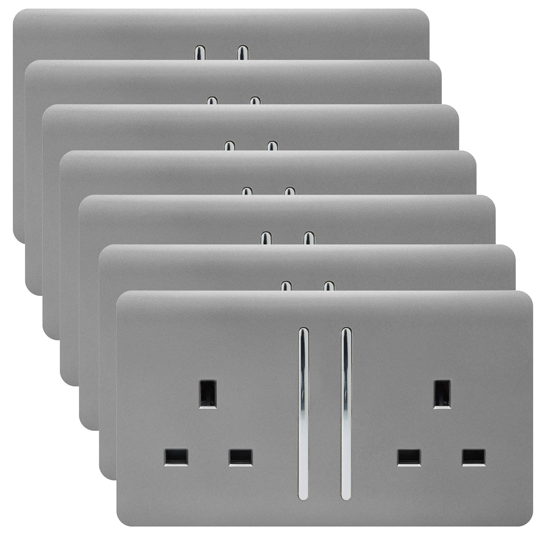 Trendi 2 Gang Artistic Modern Glossy 13 Amp Switched Plug Socket Light Grey (7 Pack)