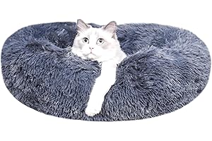 CURFAKUL Calming Dog Bed for Small Dogs & Cat Bed - 20" Donut Washable Small Pet Bed, Dark Grey Anti Anxiety Round Fluffy Plush Faux Fur Large Cat Bed