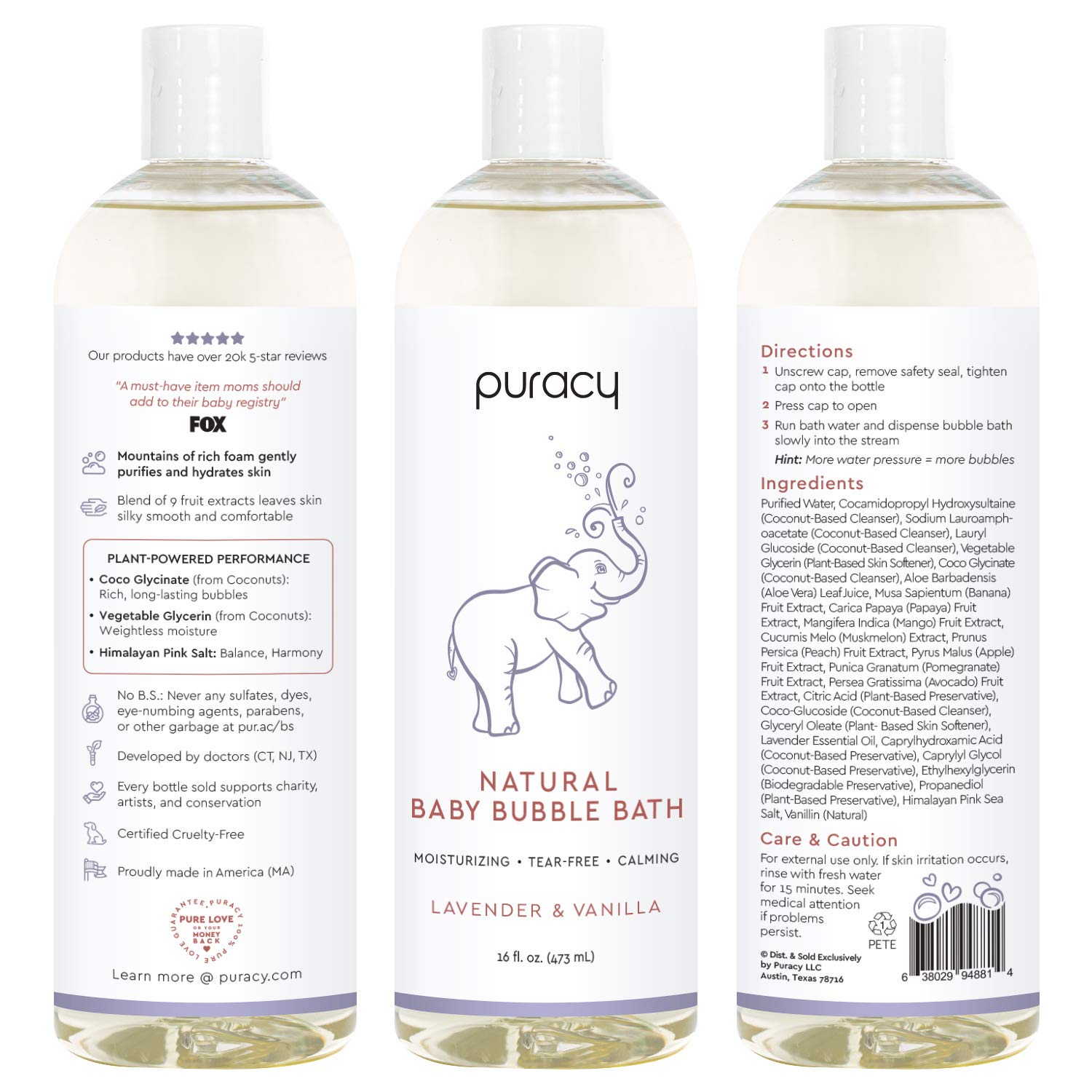 Puracy Natural Baby Bubble Bath, Lavender & Vanilla, Tear-Free, Hypoallergenic, Nontoxic, 16 Ounce: Beauty