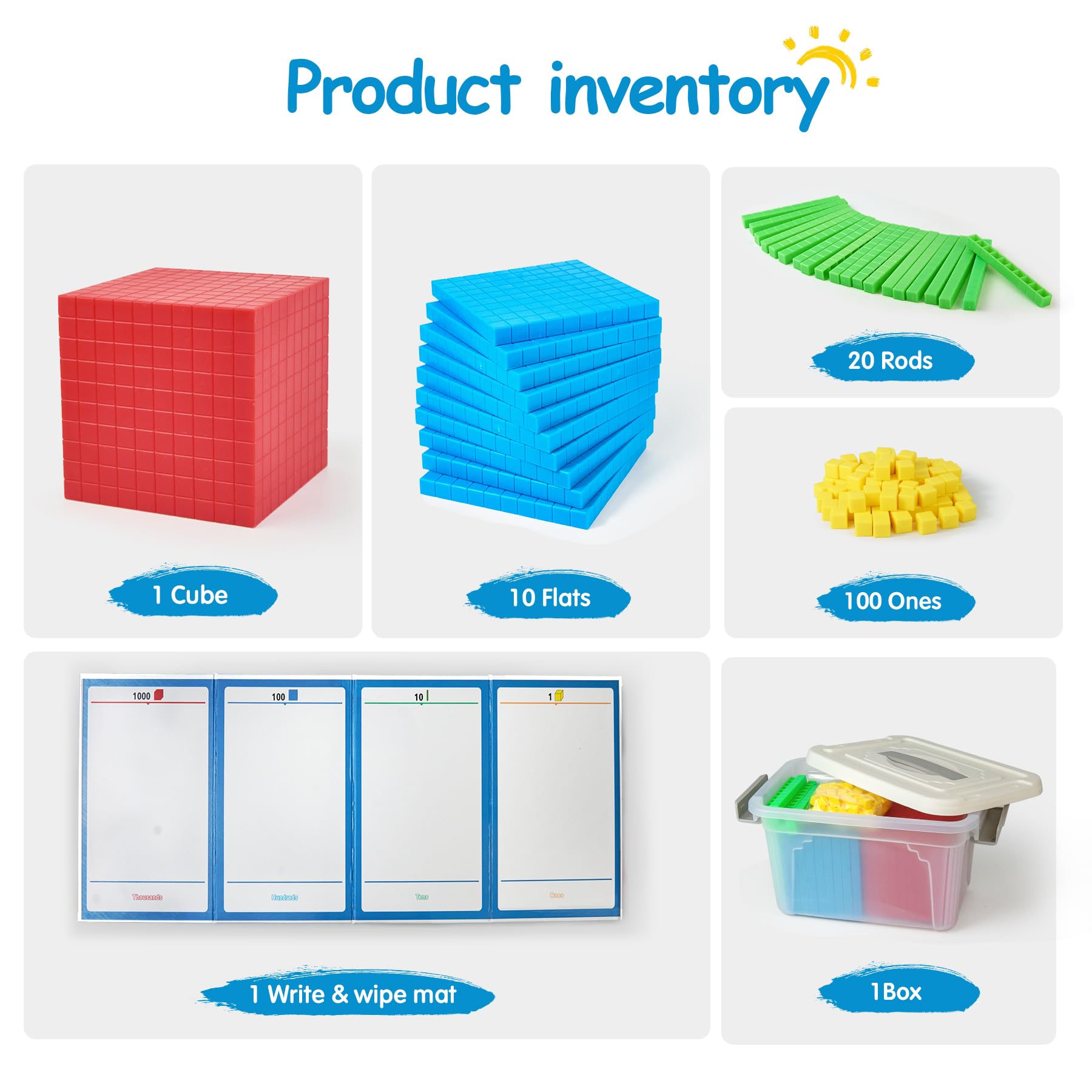 Math Manipulatives for Kids Aged 3+.Base Ten Blocks with Place Value Chart - Plastic Math Cubes to Help Educate Kindergarten Teachers.133 PCS