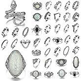 ZeriLion 42 Pcs Vintage Silver Knuckle Ring Set Cool Alt Goth Punk Rings for Women Men Adjustable Stackable Grunge Emo Aesthetic Jewelry Snake Skull Chunky Band Pack