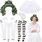 GANSHAYA 6 Pcs Halloween Chocolate Worker Costume for Women Cosplay Include Green Wig,Tutu Skirt,Suspenders,Gloves Socks and Eyebrow