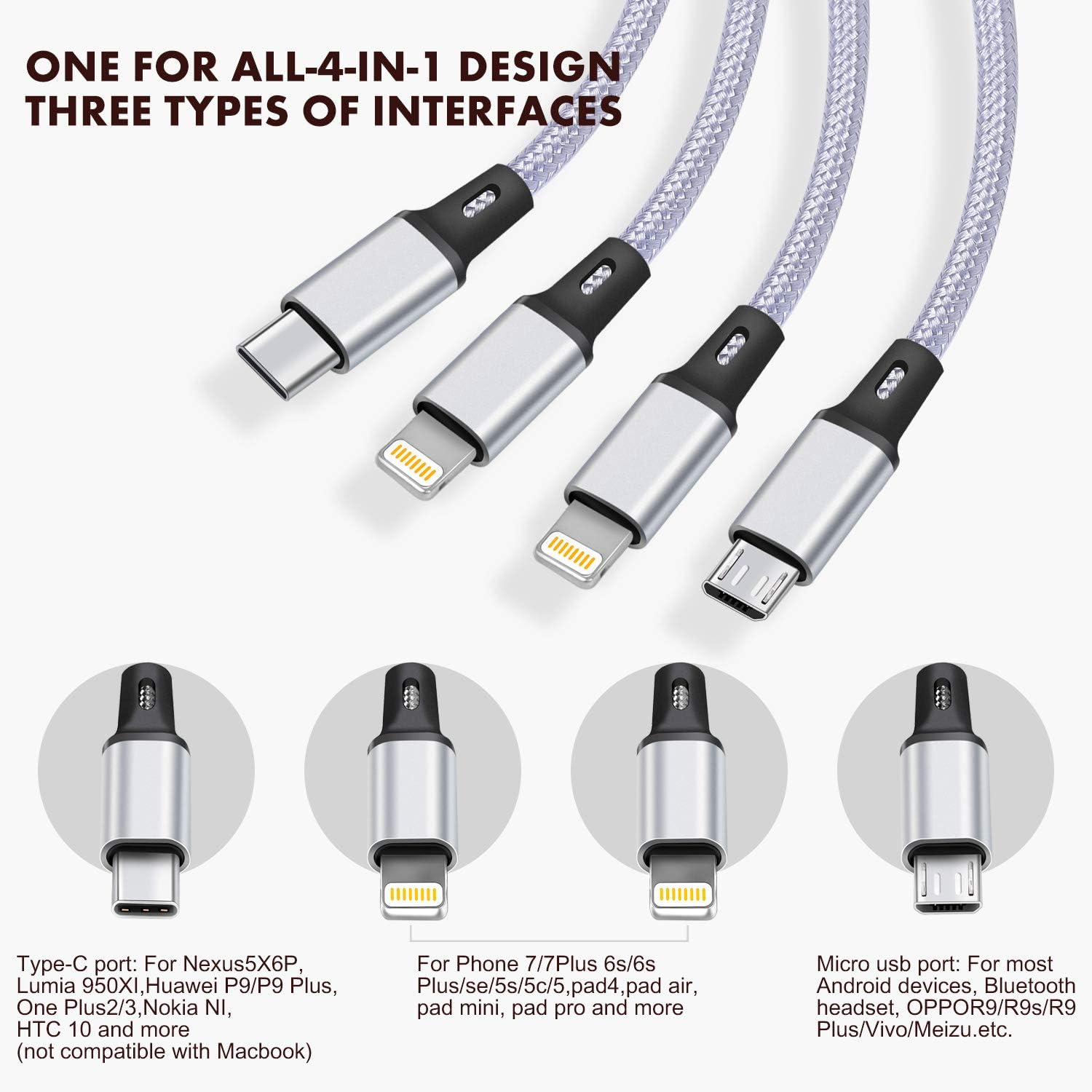 2Pack 6FT Multi Charging Cable 3A, Multi Charger Cable Nylon Braided 4 in 1 Multi USB Cable Multiple Charger Cord Connector with Dual Phone/Type C/Micro USB Port for Cell Phones and More[Upgraded]