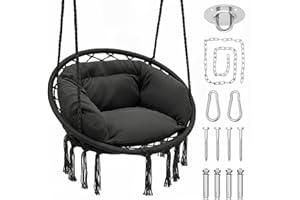 Magshion Hanging Hammock Chair with Cozy Full Cushion Offer Extra Support, Backyard Hanging Macrame Swing Chair for Porch, 350 Lbs Capacity, Comfortable Hammock for Relaxation and Enjoyment (Black)