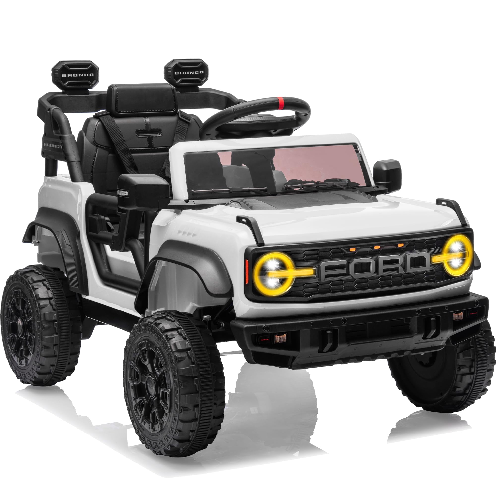 First Ride On Ford Bronco Raptor 12V Toddler Ride on Toys, Safe Kids Ride on Truck with Remote Control, Children Electric Cars with 4 Wheels Suspension, Radio, Music, Bluetooth (12V, White)