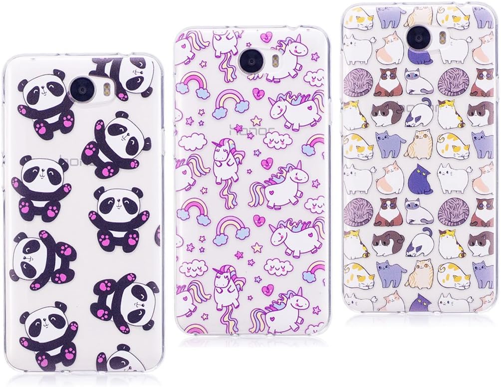EarthNanLiuPowerTu [3-Pack] Soft Silicone Case for Huawei Y5 II/Y5 2, Cover for Y5 ii 2 (cun-l21) cun-l01 Lovely Girls TPU Bumper Transparent Clear Slim-Fit Scratch Resistant (Panda+Unicorn+Cat)