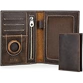 CONTACTS Full Grain Leather Passport Holder RFID Blocking Travel Passport Wallet Compatible with Airtag Slim Passport Cover Case with 4 Cards Slots, Coin Pocket (Brown)