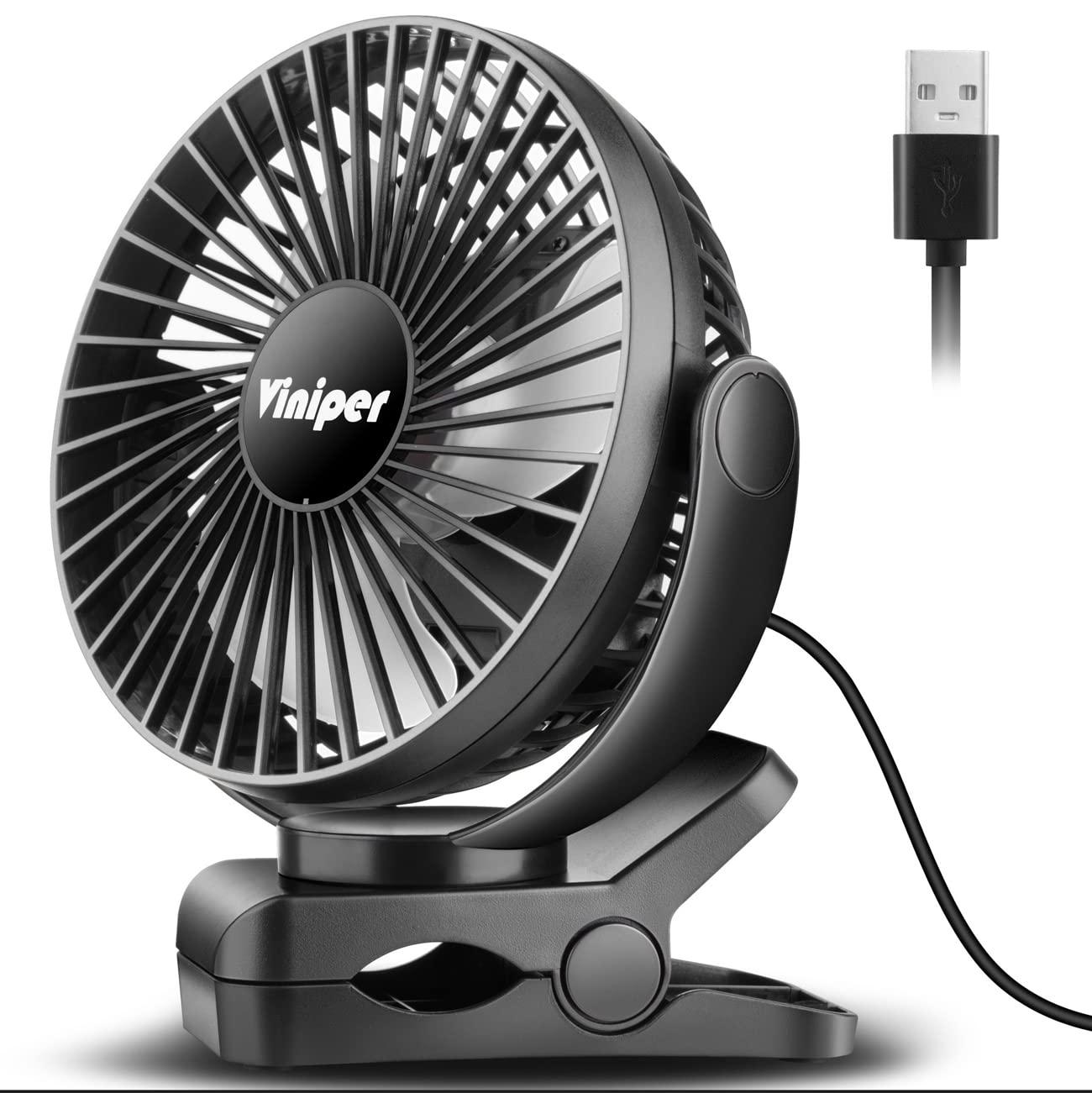 Viniper 6 inch USB Clip on Fan, Portable Small Desk Fan : 360° Rotation, 3 Speeds Wind Table Fan, Quiet Powerful for Home,Office (USB Powered Fan Not Rechargeable) - Black
