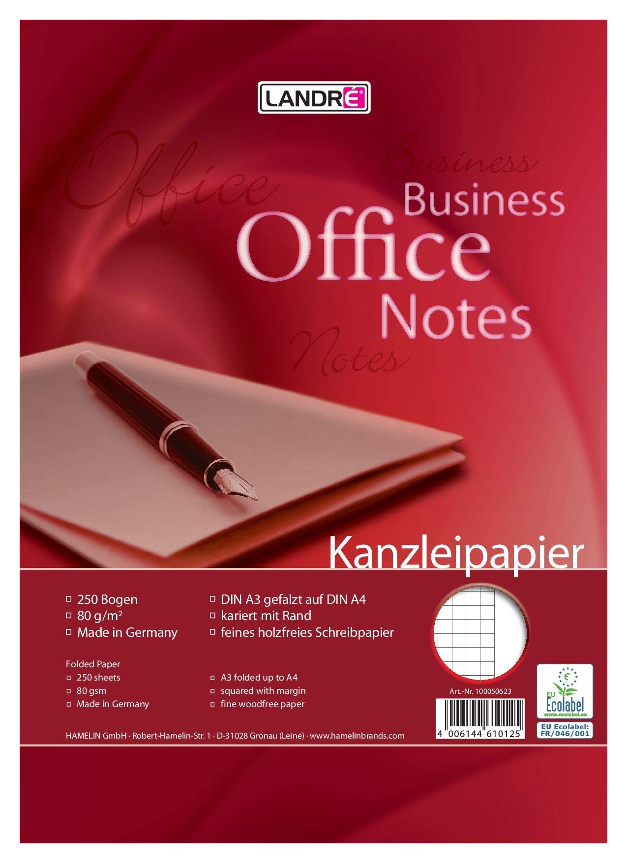 Landre 100050618 Foolscap Paper, DIN A3 Folded to A4, Lined, 80 g/m² Fine, 250 Sheets per Pack Official Paper "Office", DIN A3 Folded to A4, Squared with Margin