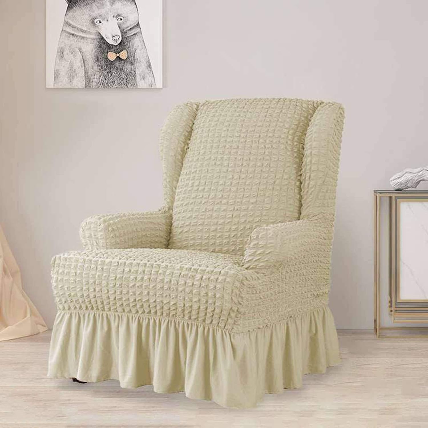 BEIGOO Ruffle Durable Furniture Stretch Wing Chair Cover