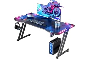HLDIRECT 47 Inch Gaming Desk with LED Lights Carbon Fiber Surface Large Gaming Table Ergonomic Home Office Desks Z Shaped PC 
