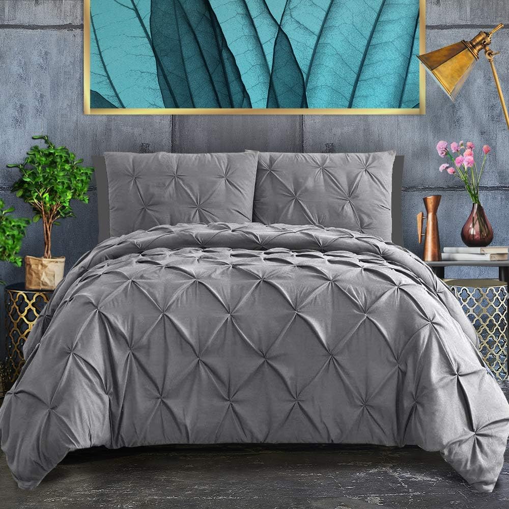 ASHLEYRIVER 3 Piece Luxurious California King Duvet Cover with Zipper & Corner Ties 100% 120 g Microfiber Pintuck Duvet Cover Set(California King Grey)