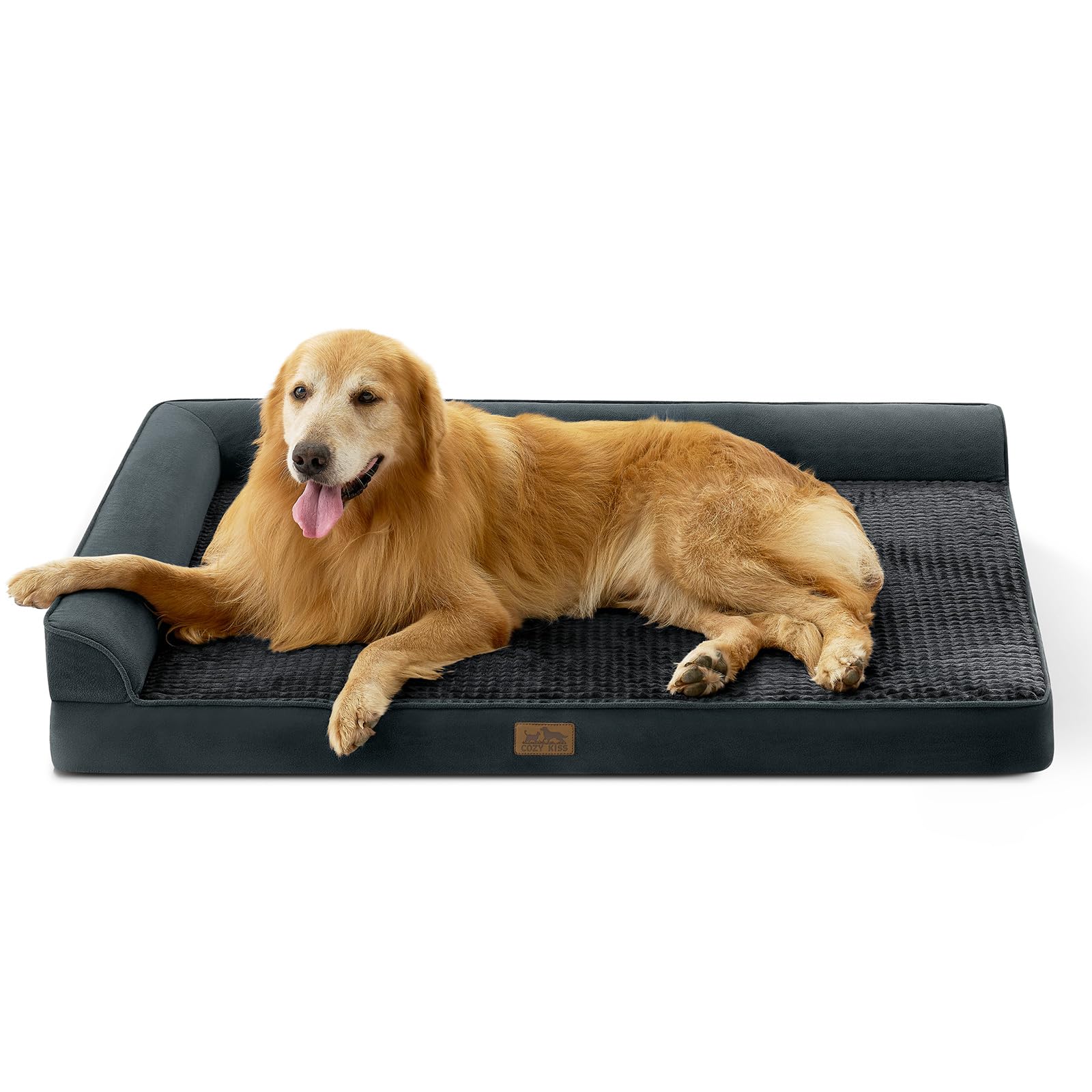 COZY KISS Orthopedic Dog Bed for Extra Large, XXL Dogs Bed, L Shaped Foam Anti-Slip Bottom Giant Pet Cat Sofa with Washable Cover, Suitable for Pet Up to 150 lbs, 48x35x8 inch, Black ﻿ Image