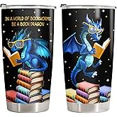 34HD Book Dragon Tumbler with Lid, 20oz Stainless Steel Vacuum Insulated Dragon Coffee Mug, Book Lover Gifts for Birthday Christmas Back To School, Bookworm Gifts for Women, Bookish Items
