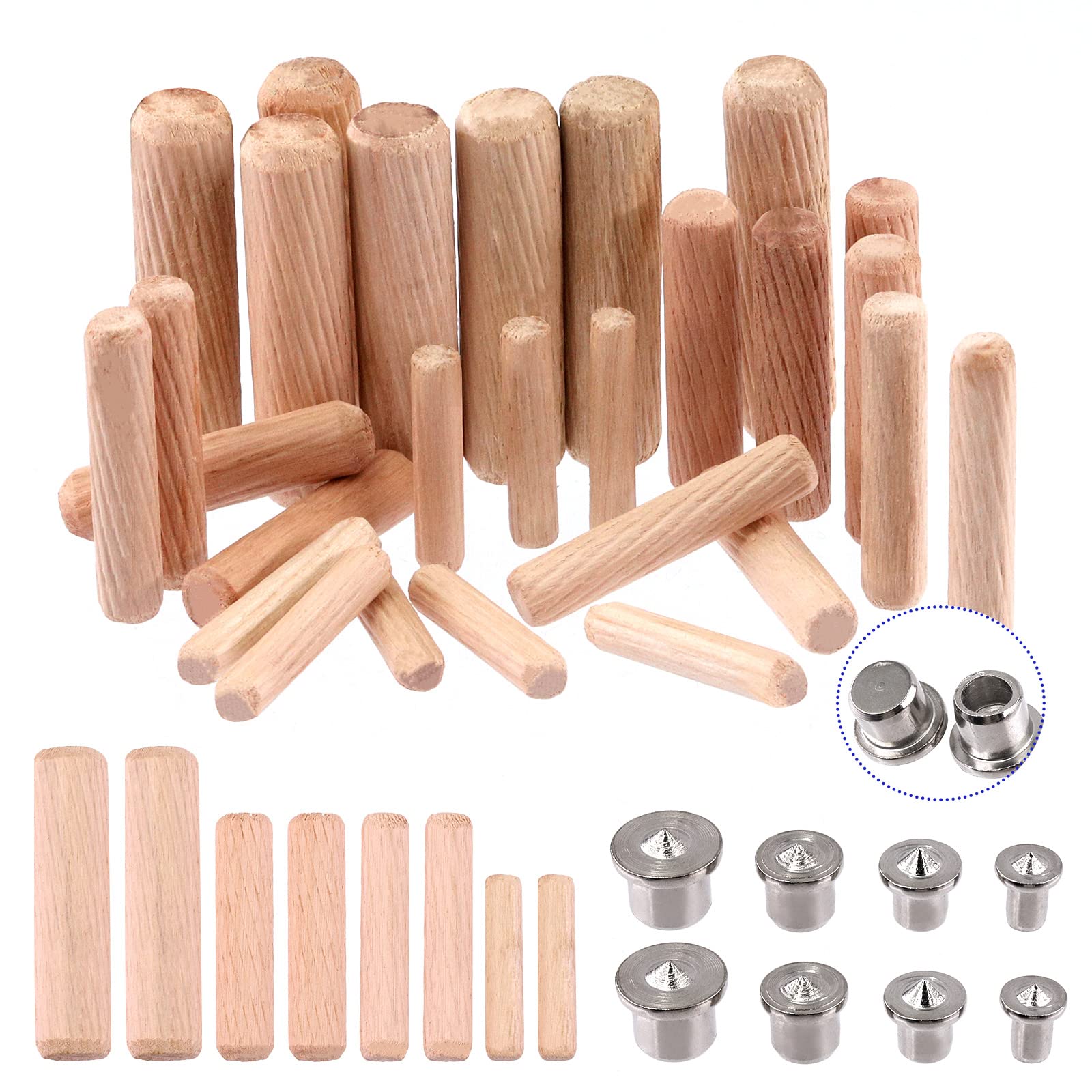 Glarks 508Pcs 1/4" 5/16" 3/8" 1/2" Wooden Dowel Pins Beveled Ends Fluted Dowel with Solid Hollow Dowel Tenon Centers Set for Furniture, Art Projects, Woodworking Alignment Tool